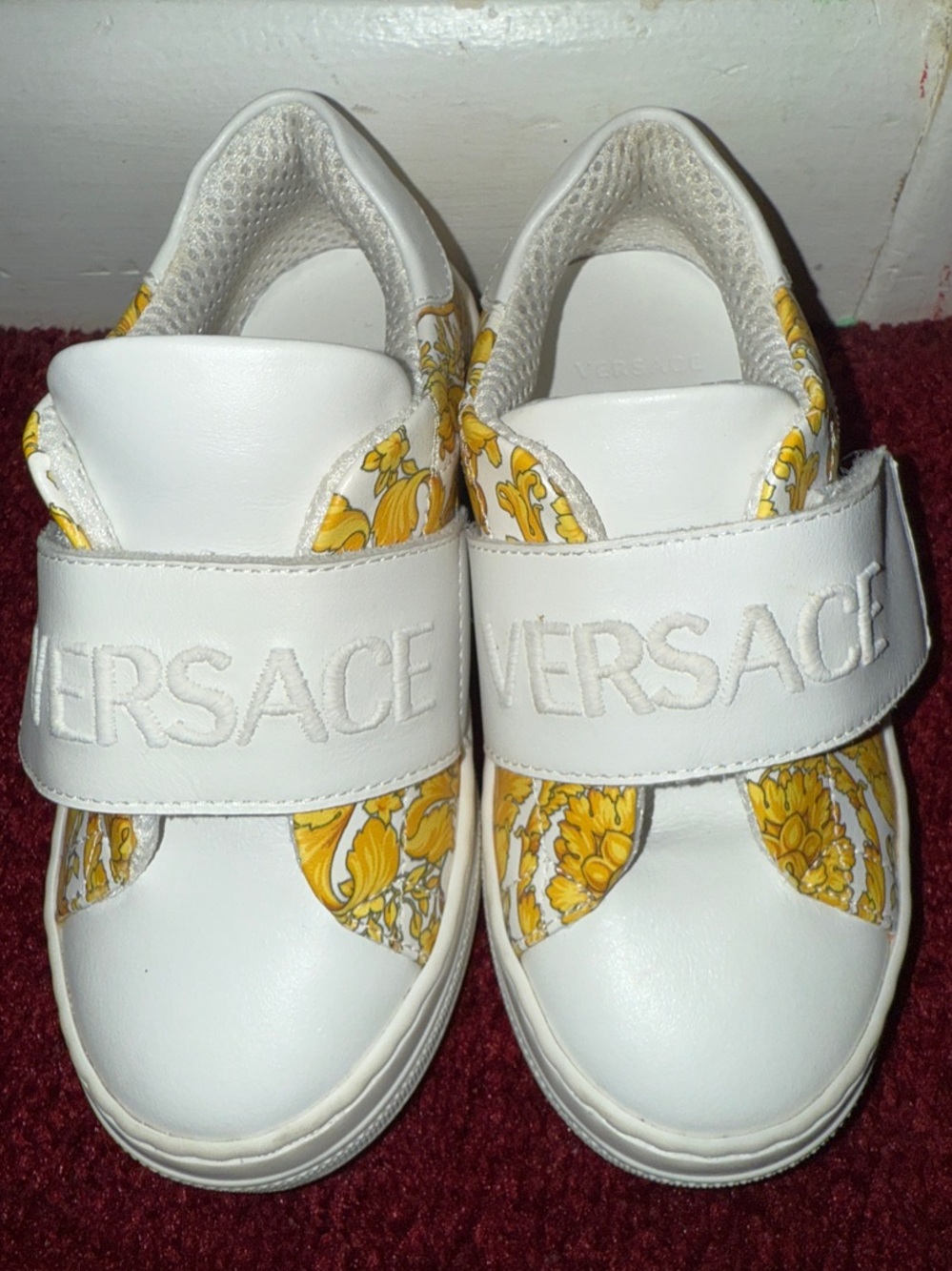 Versace Kids White Sneakers with Yellow Baroque Trim